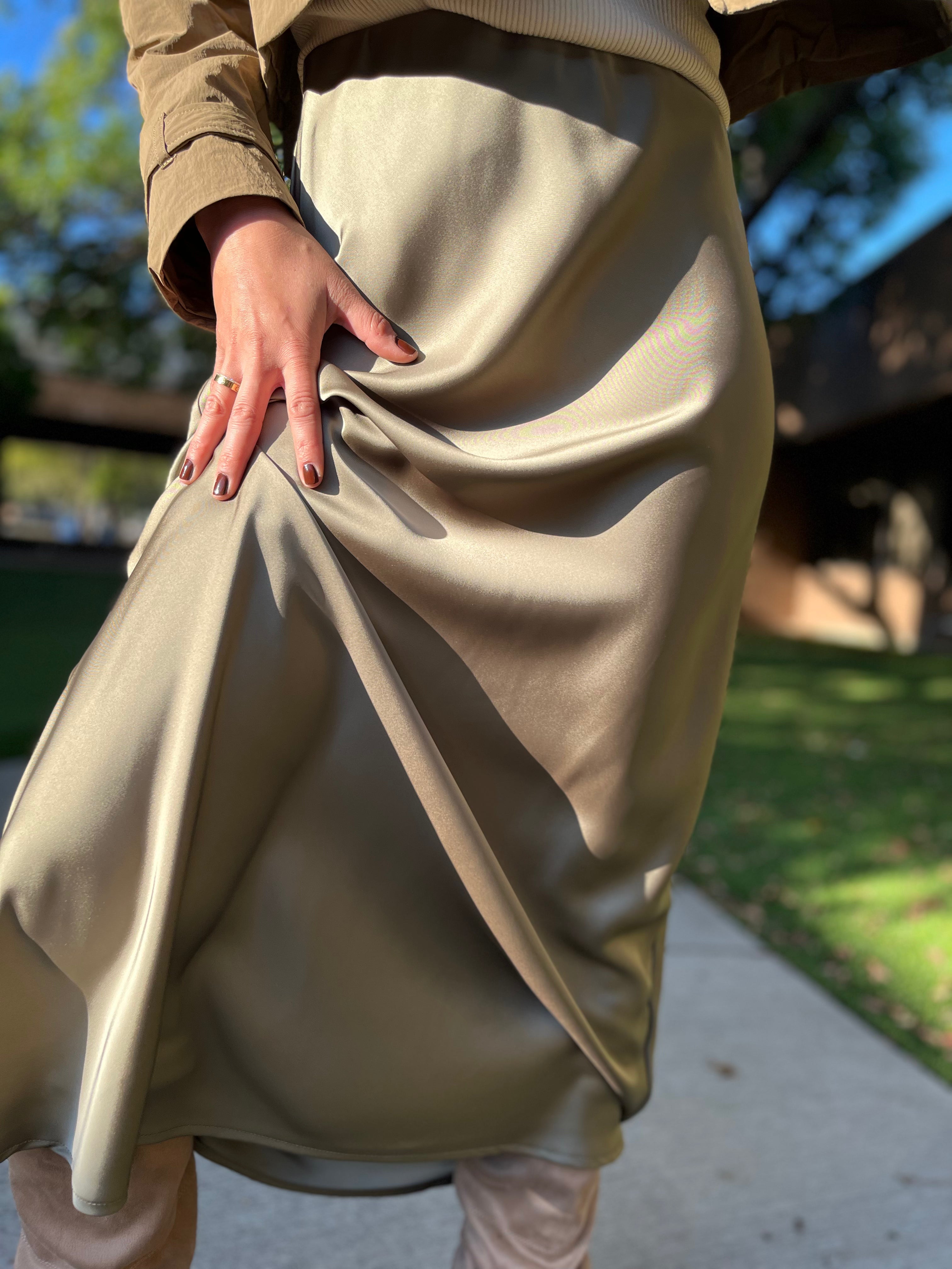 Olive satin skirt