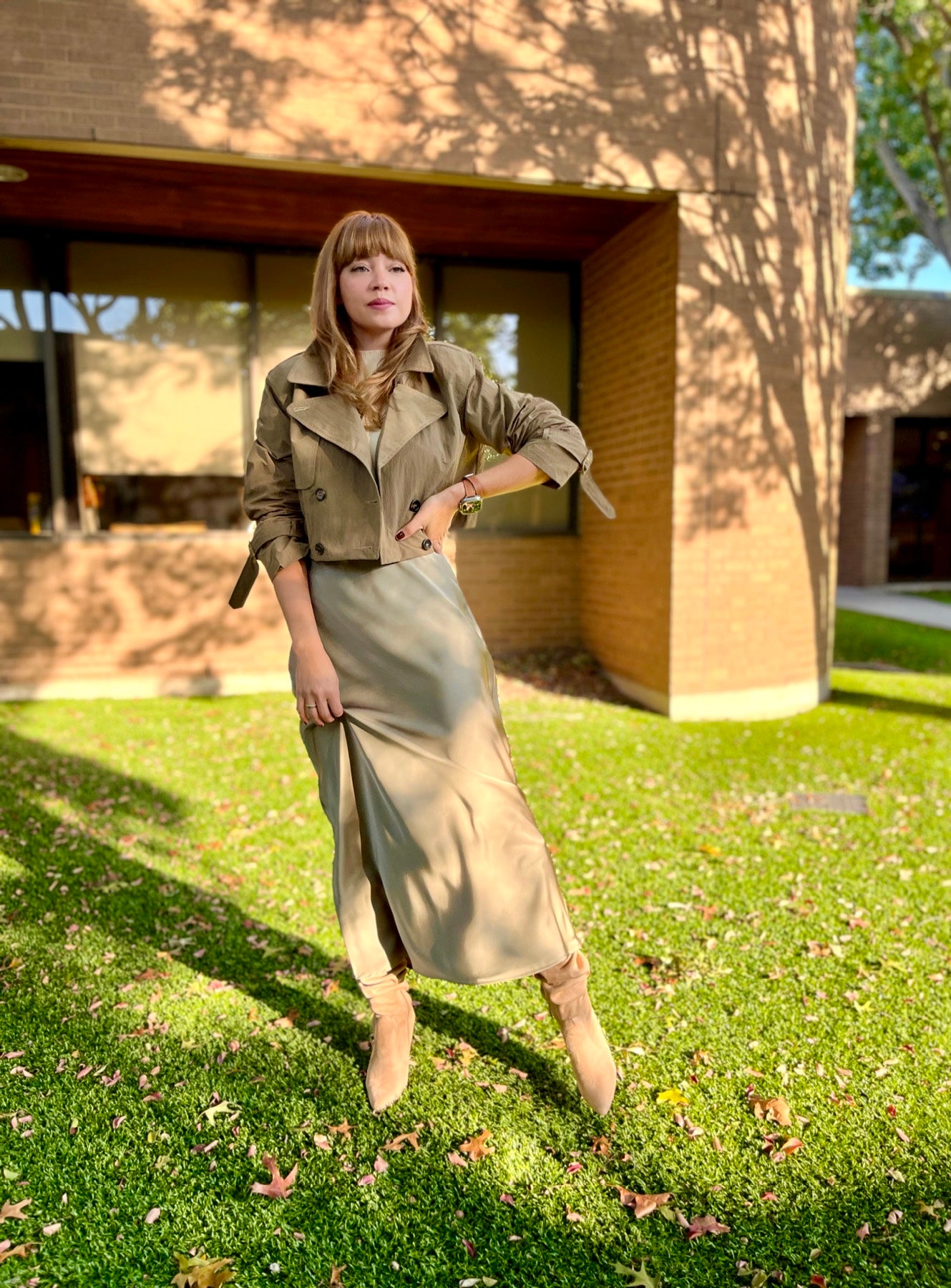 Olive satin skirt